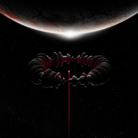 Artistic depiction of a space station with a red laser beam against a dark space background