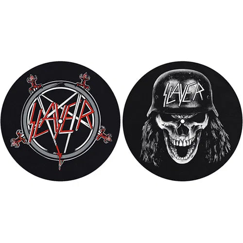 Two Slayer coasters, one with logo and another with skull wearing helmet.