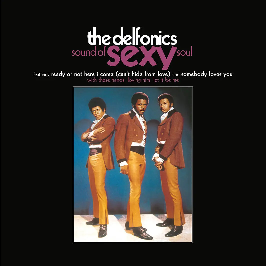 Album cover of 'The Delfonics' with three men in suits against a black background.