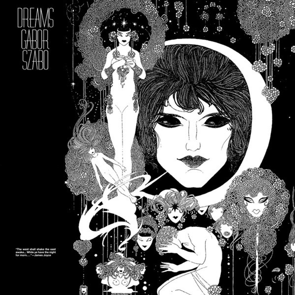 Black and white illustration with artistic design elements on a dark background