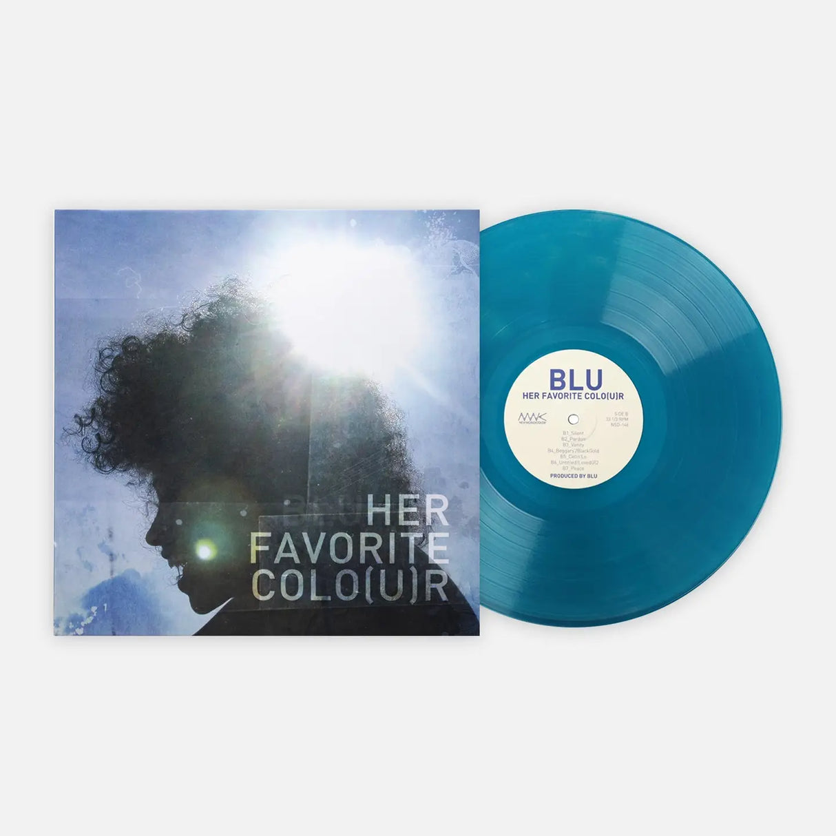 Vinyl record album shown with the square cover sleeve and the translucent blue record partially pulled out. The cover features a silhouetted profile with bright light flare and the text 'HER FAVORITE COLO(U)R'.