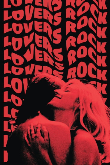 Red and black graphic with 'LOVERS ROCK' text and a couple embracing.