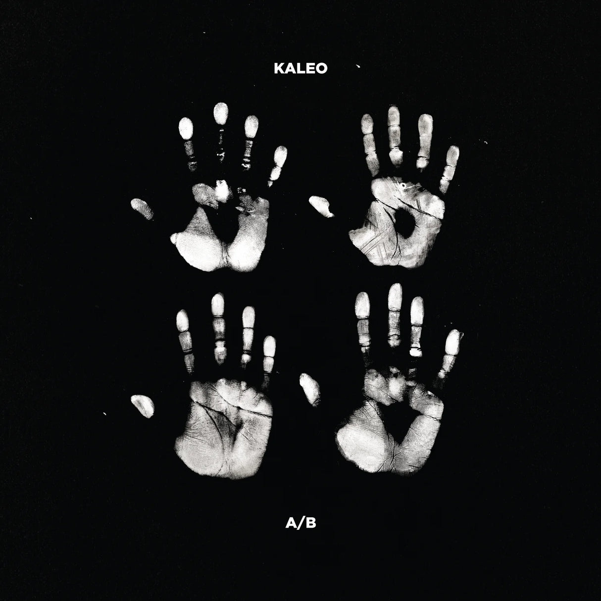 Black and white album cover with handprints and 'Kaleo' branding