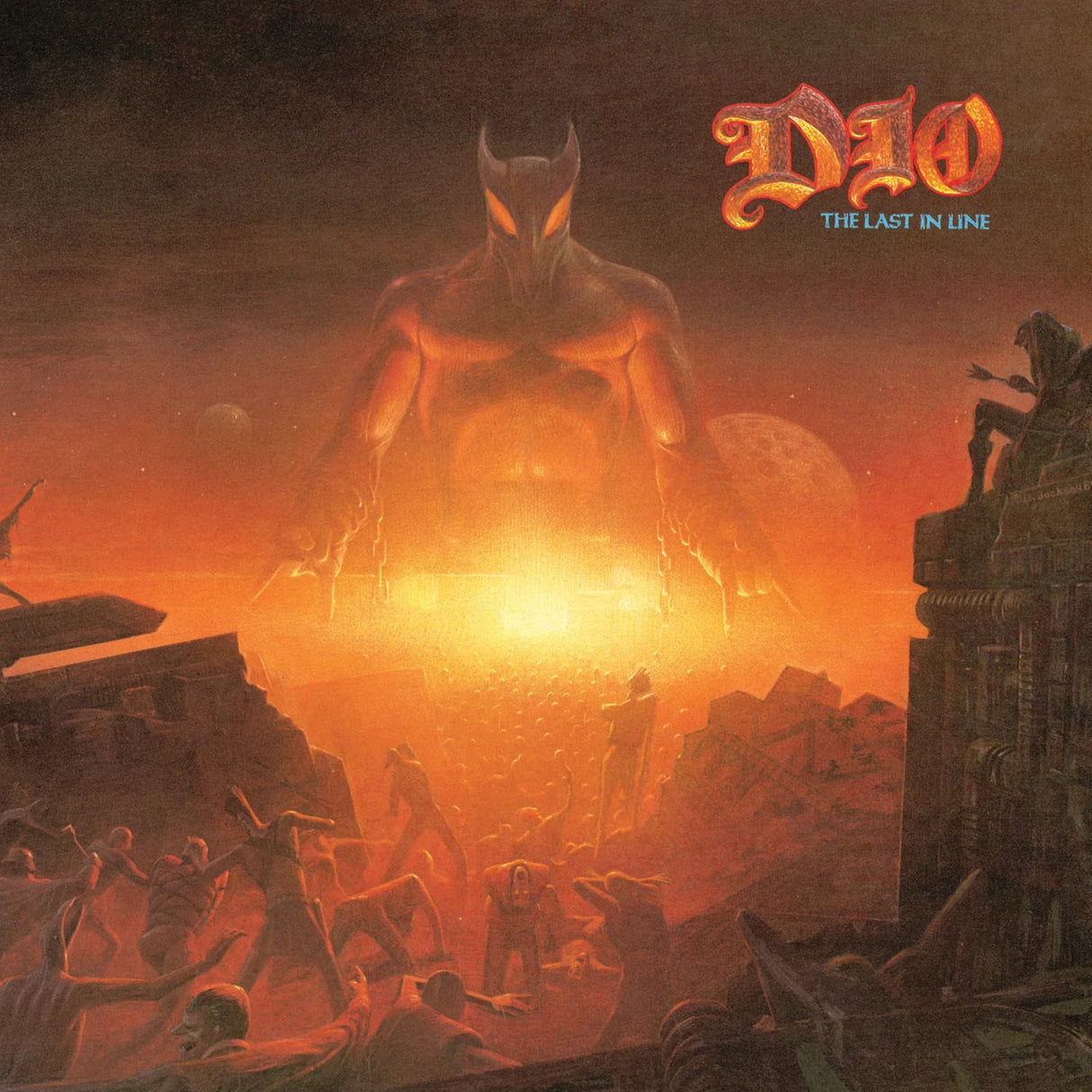 Album cover for Dio's 'The Last in Line' with a fiery scene and a large figure.