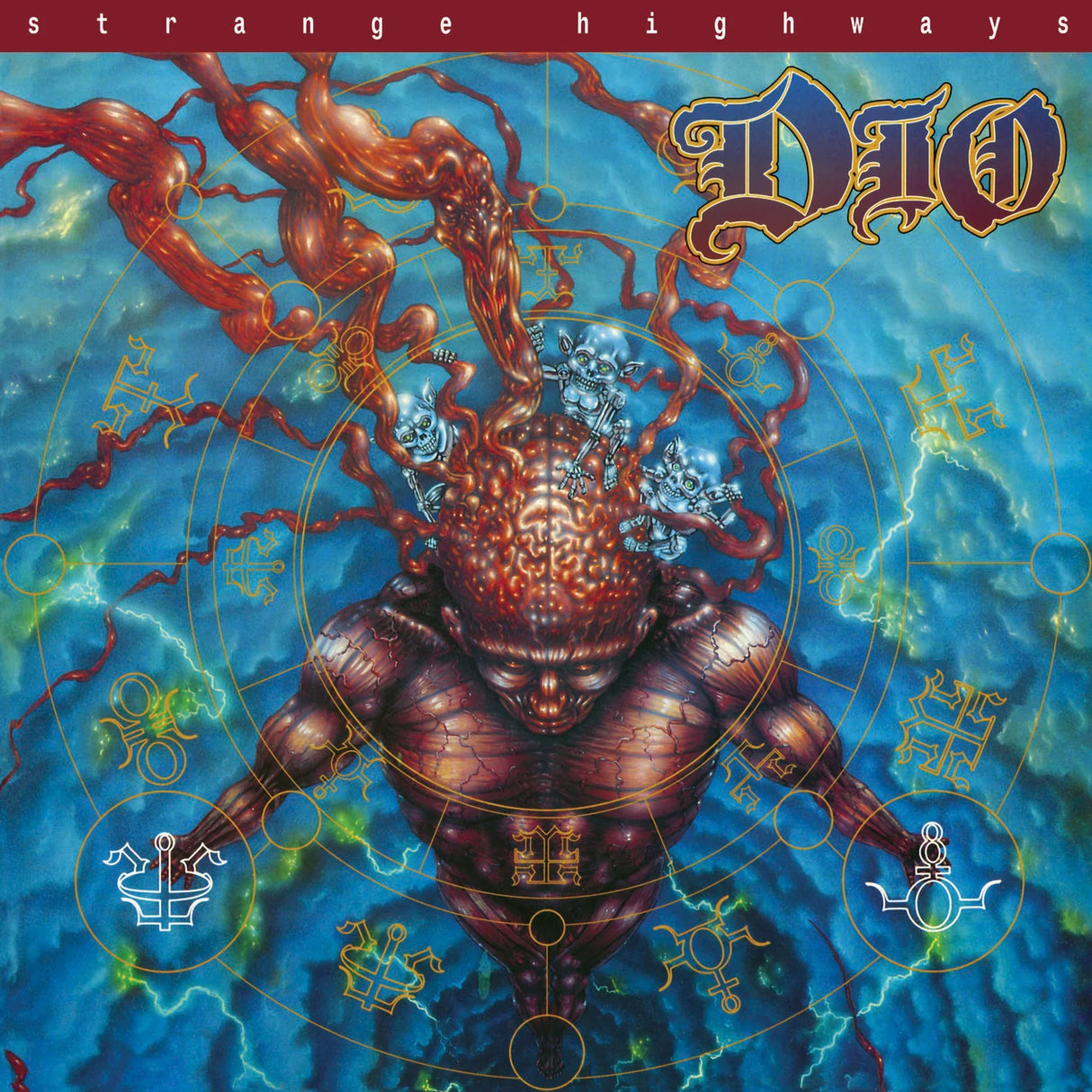 Album cover for 'Strange Highways' by Dio featuring a stylized figure with intricate designs.