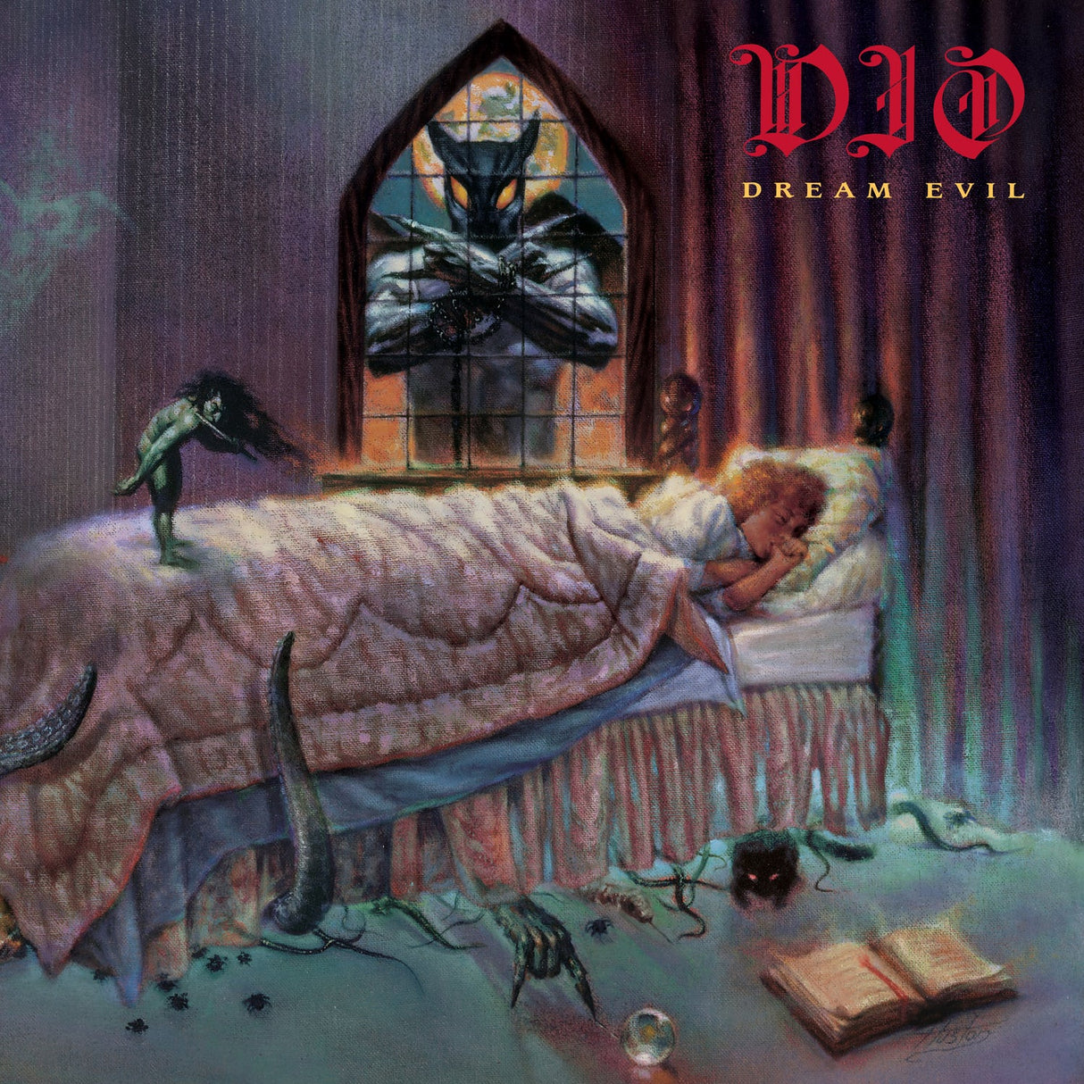 Album cover for 'Dream Evil' by Dio featuring a person sleeping in bed with窗外的恶魔.