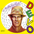 Album cover for DEVO's 'Are We Not Men? A Are We Not Women?' with a person wearing a hat on a yellow background.