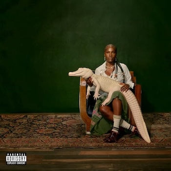 Cover art for Doechii's mixtape 'Alligator Bites Never Heal' featuring the artist sitting in a chair with a taxidermy alligator on her lap, against a green background.