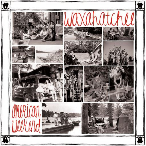 Collage of people at a lake with 'Waxahatchee' and 'American Weekend' text.