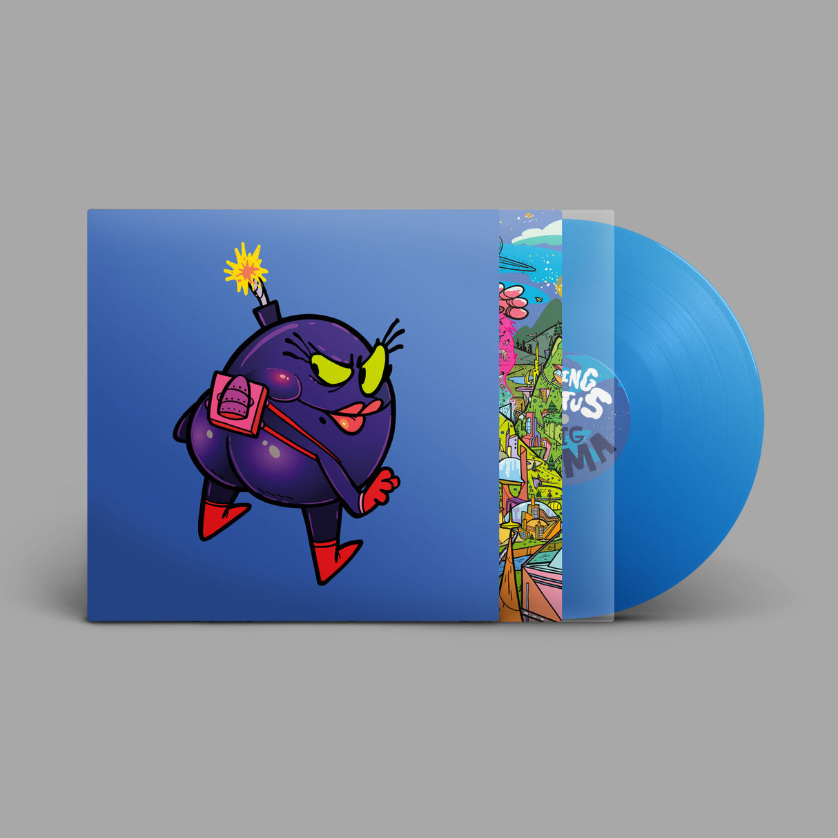 Vinyl record with a colorful cover featuring a cartoon character on a gray background