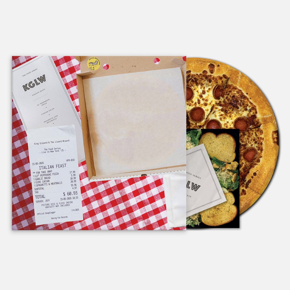 Pizza box with a pizza inside, a menu on the side, and a check on top, all on a white background.