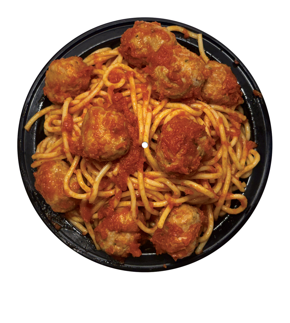 Spaghetti and meatballs in a black bowl on a white background