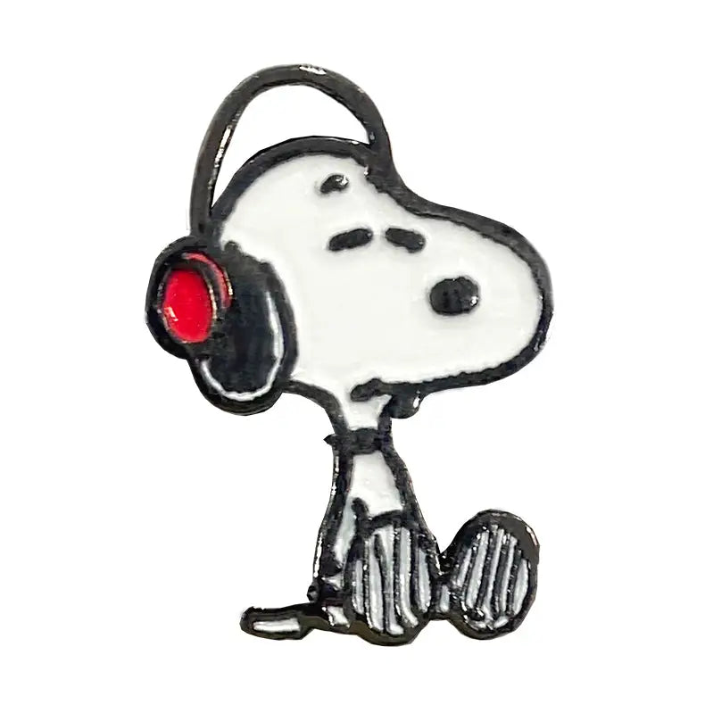 Snoopy character wearing headphones with a red light on a white background