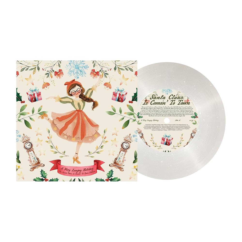 Vinyl record with a decorative cover featuring a character and festive design.