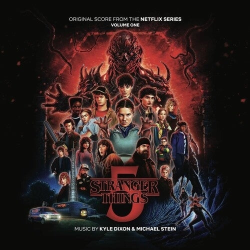 Album cover for 'Stranger Things' with characters and logo on a dark background