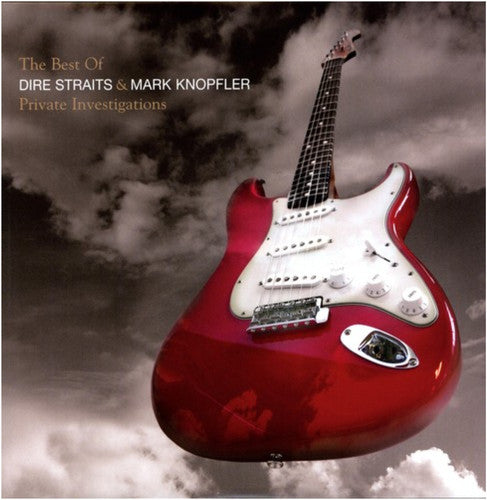 A red electric guitar against a backdrop with clouds, likely representing a studio album cover for Dire Straits & Mark Knopfler.