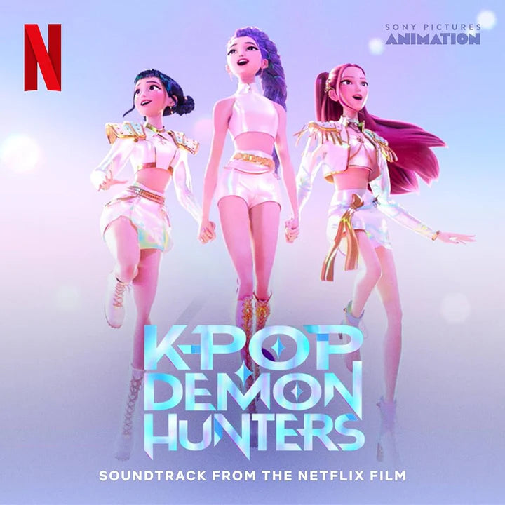 Promotional poster for 'K-Pop Demon Hunters' with three animated characters and Netflix logo.