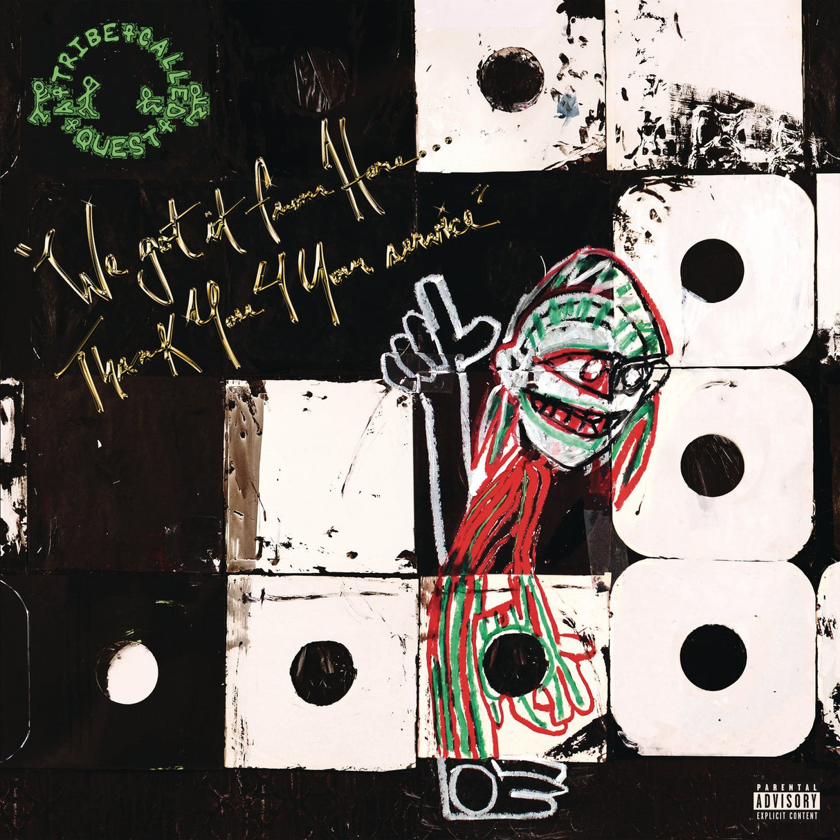 Album cover with cassette tapes and abstract design, featuring text and a hand gesture.