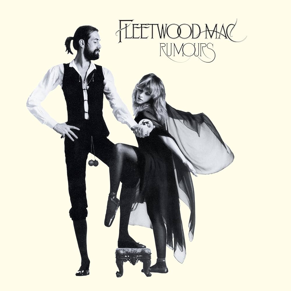 Album cover for Fleetwood Mac's 'Rumours' featuring a black and white photo of two people.