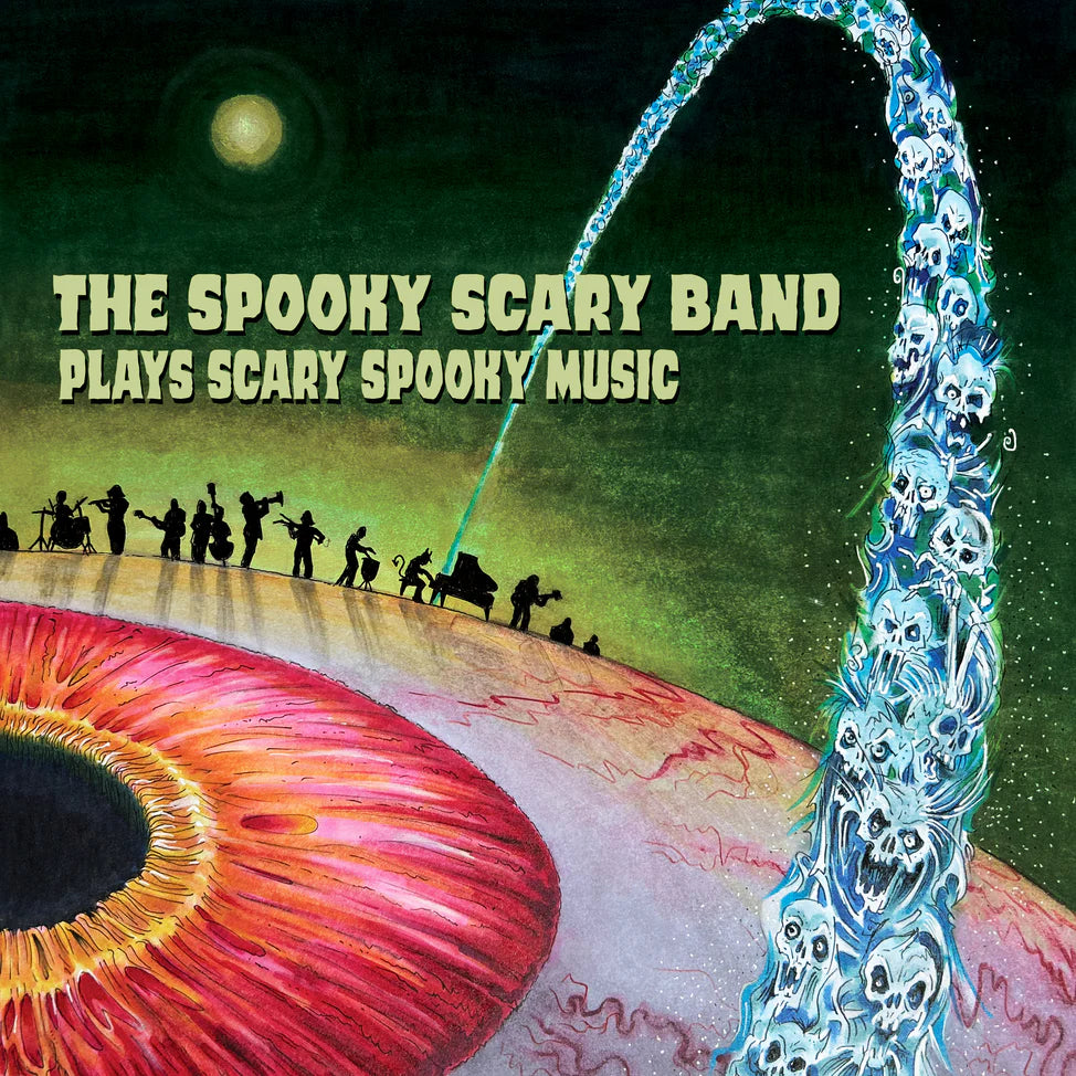 Album cover with band playing music on a planet, titled 'The Spooky Scary Band Plays Scary Spooky Music'.
