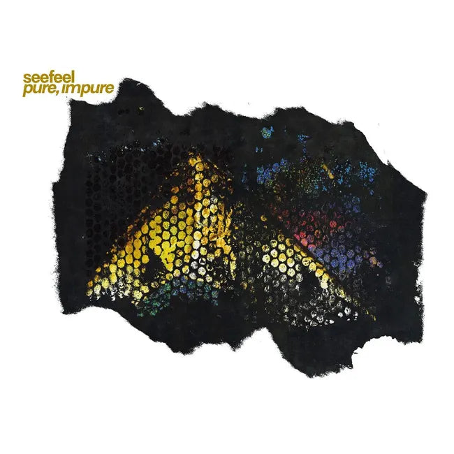 Album cover with butterfly design and text 'seefeel pure, impure' on a white background