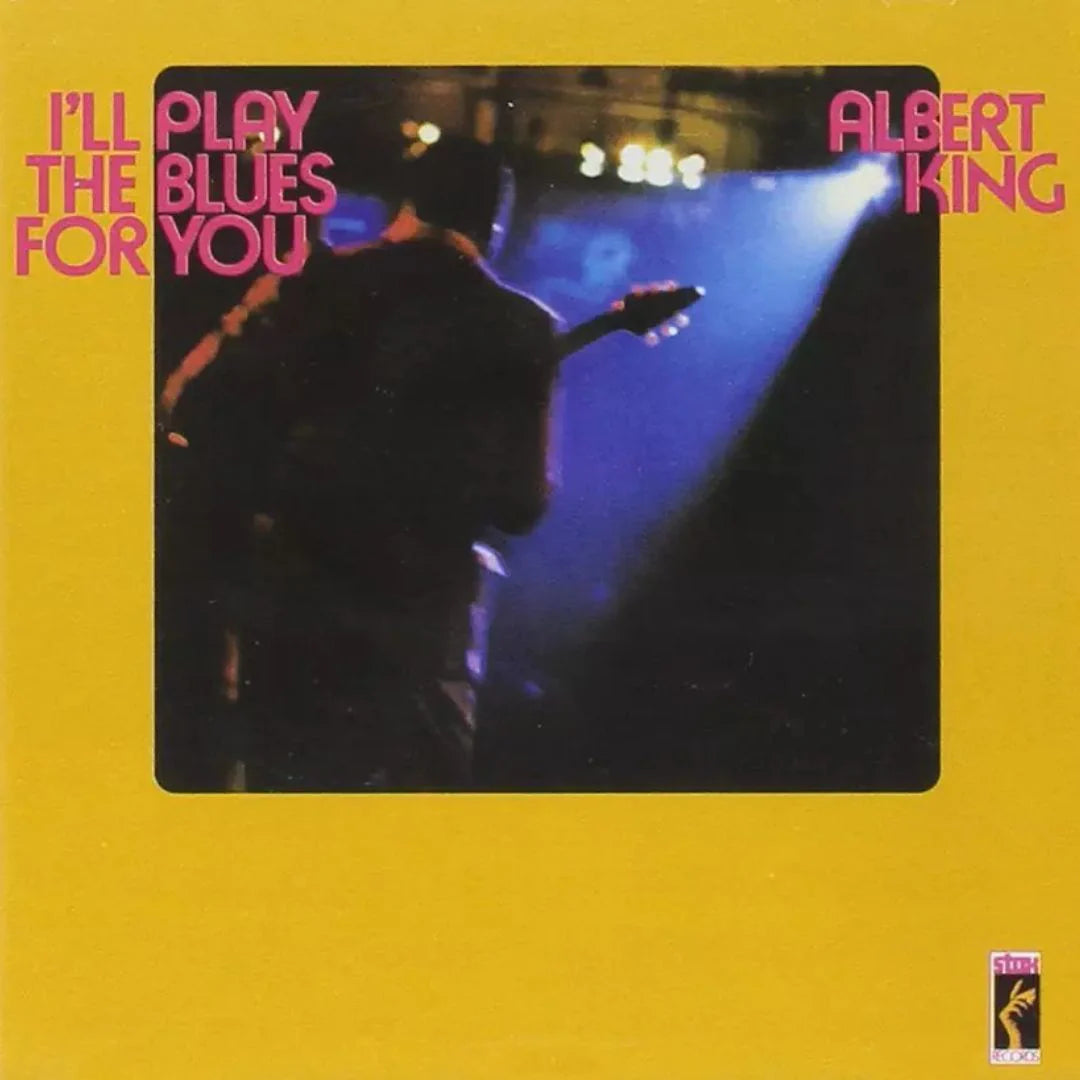 Album cover with a silhouette of a person playing guitar, text 'I'll Play the Blues for You' and 'Albert King' on a yellow background.