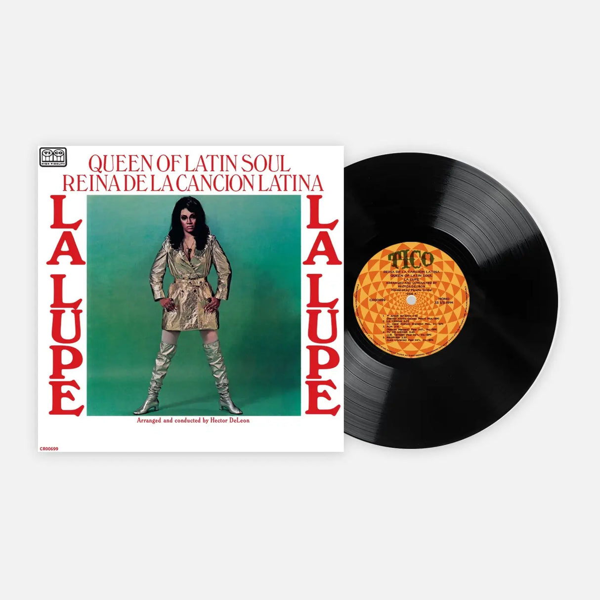 Vinyl record with cover featuring a woman and text on a white background