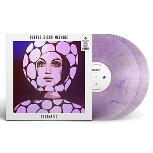 Vinyl record with a stylized cover featuring a face and the text 'Purple Disco Machine' on a white background.