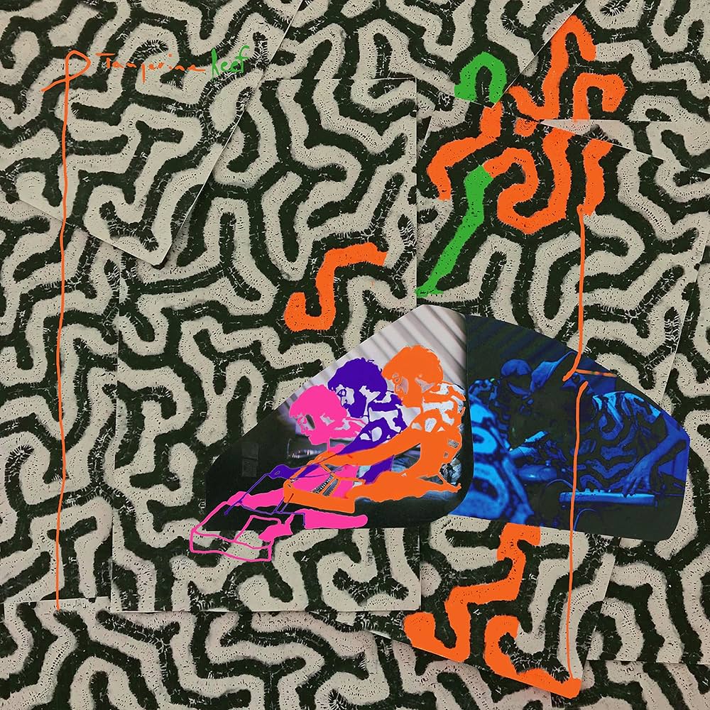 Colorful abstract art with wavy lines on a textured background