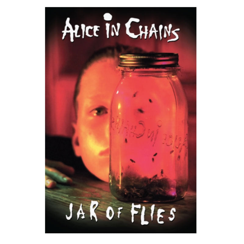 Album cover for 'Jar of Flies' by Alice in Chains featuring a jar with flies and a blurred face.