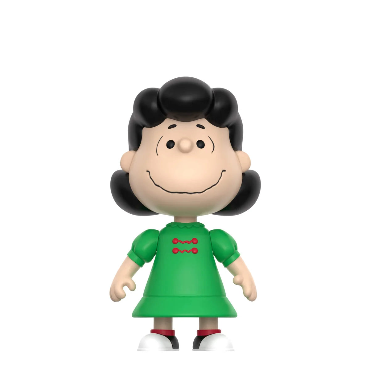 Toy figure of a character with black hair and a green dress on a white background