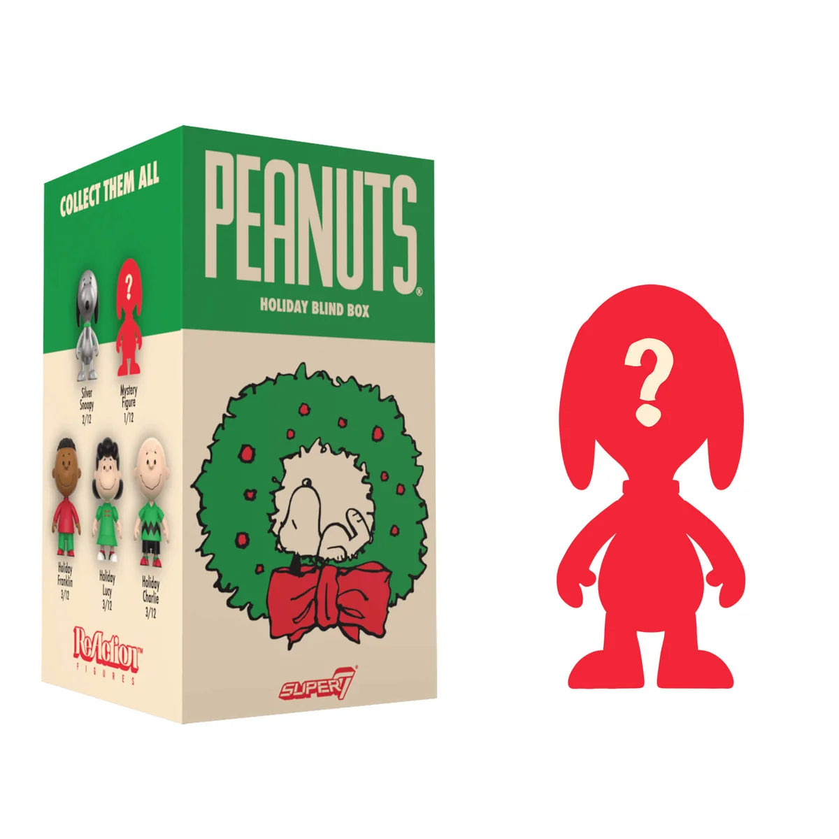 Peanuts holiday blind box packaging with a red character silhouette and Christmas wreath design.