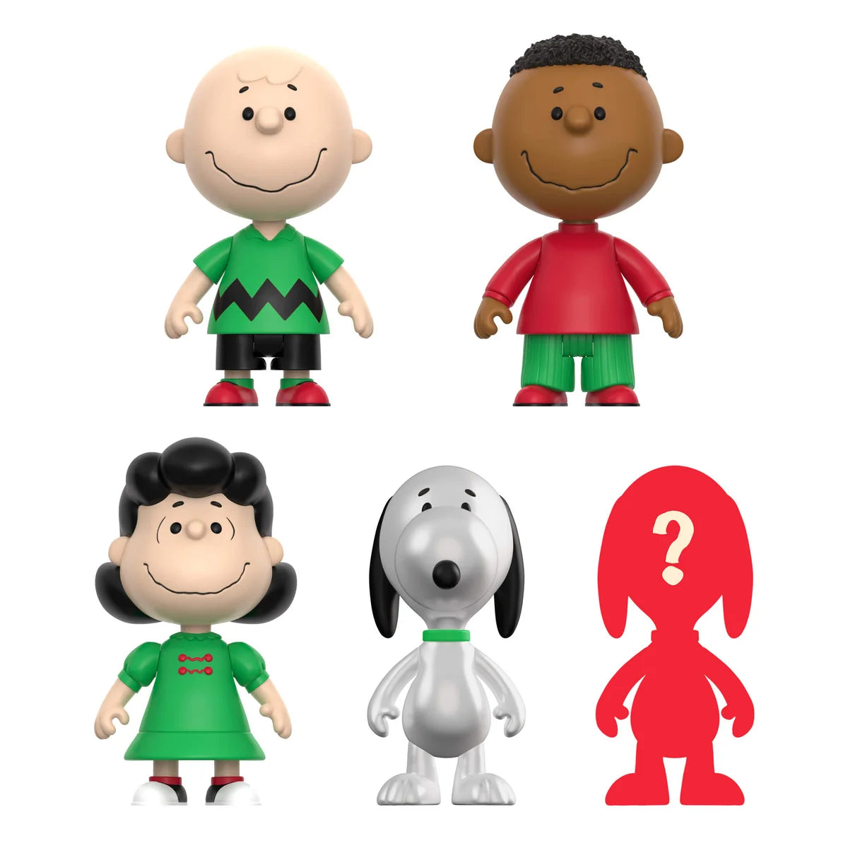 Set of five Peanuts character figurines on a white background