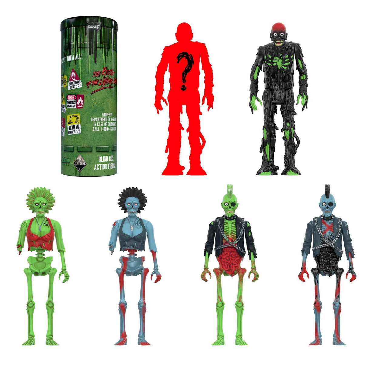 Collection of colorful action figures with packaging on a white background