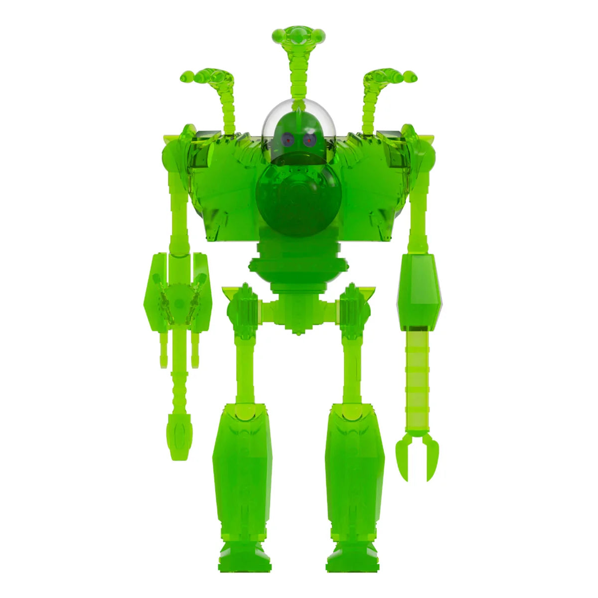 A translucent neon green toy robot figure with multiple limbs and clawed hands, shown against a plain white background.