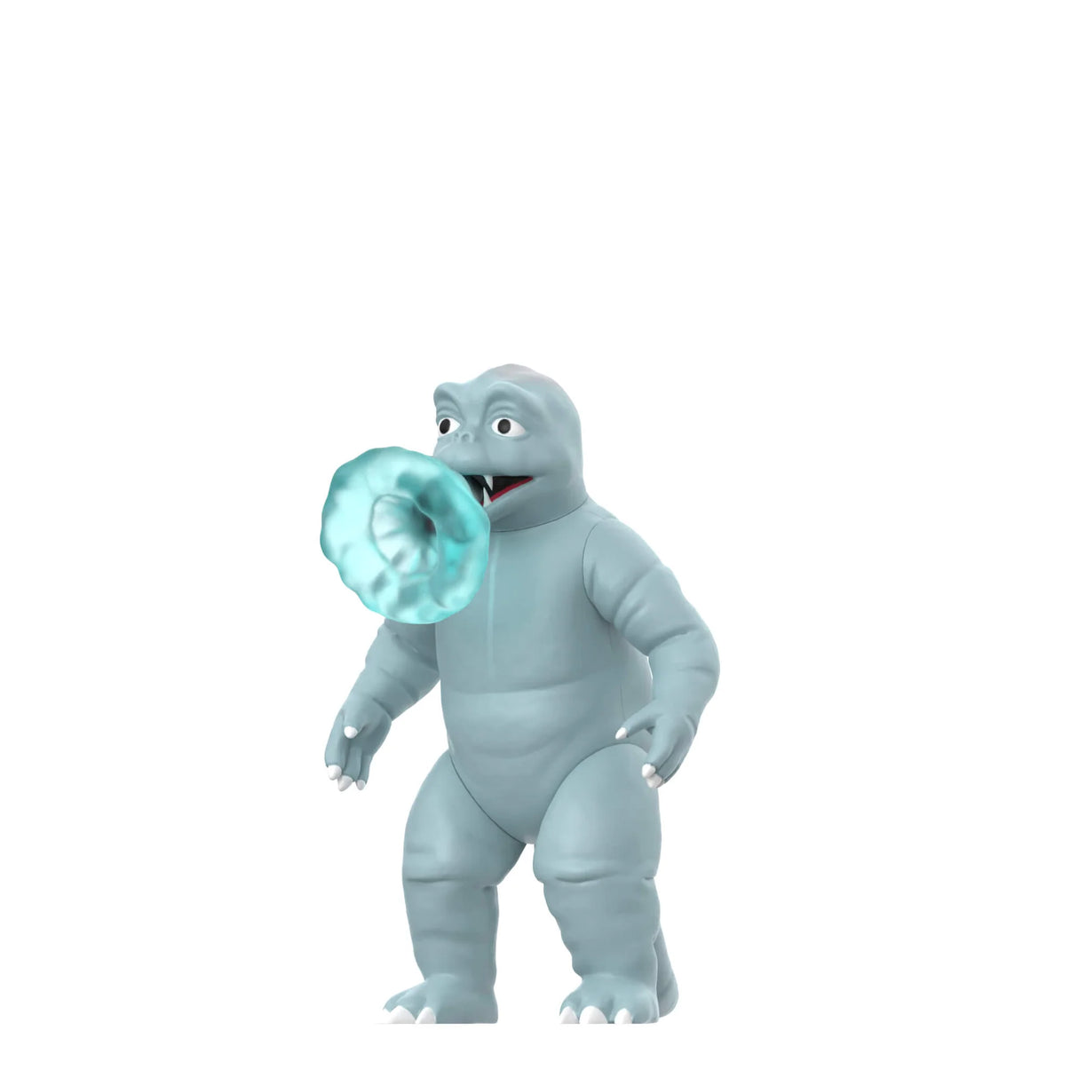 Gray cartoon character holding a blue donut on a white background