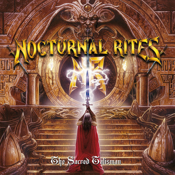 Album cover for 'Nocturnal Rites' with a person in red robes holding a glowing sword in front of an ornate circular design.