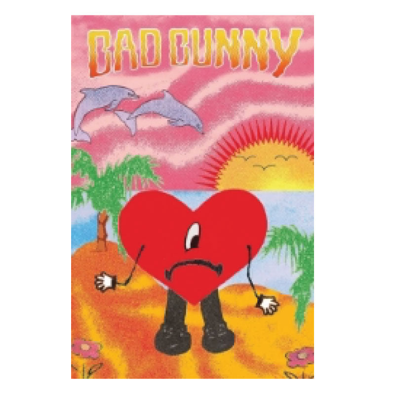 Cartoon heart character with 'Bad Bunny' text on a tropical background