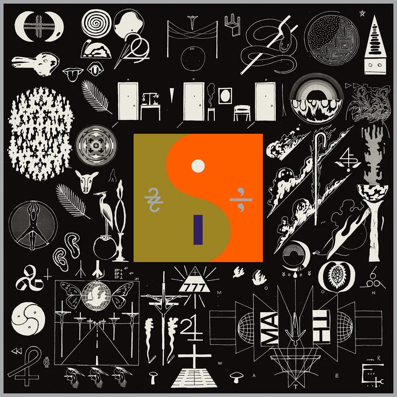 Collage of various abstract shapes and symbols with a prominent orange and green logo in the center.