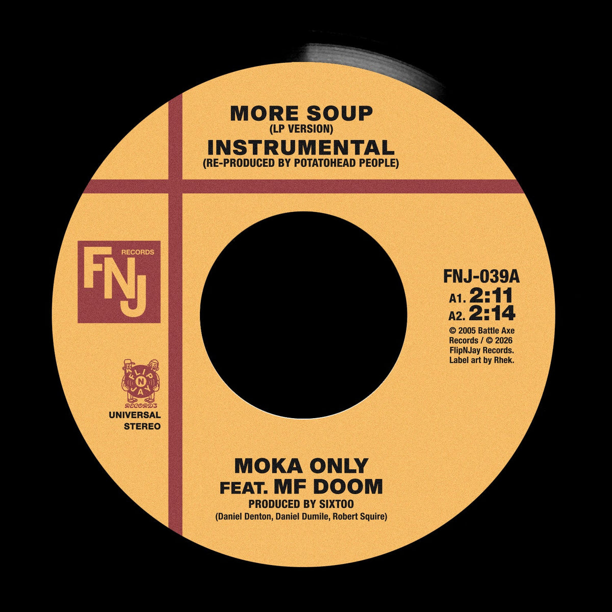 A vinyl record label for 'More Soup (LP Version) - Instrumental' by Moka Only feat. MF Doom, featuring a warm yellow-orange label with black text and red dividing lines on a black background.