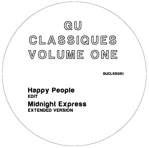 A minimalist black-and-white circular label design with the text 'GU CLASSIQUES VOLUME ONE' at the top and track/title text below including 'Happy People' and 'Midnight Express EXTENDED VERSION'.
