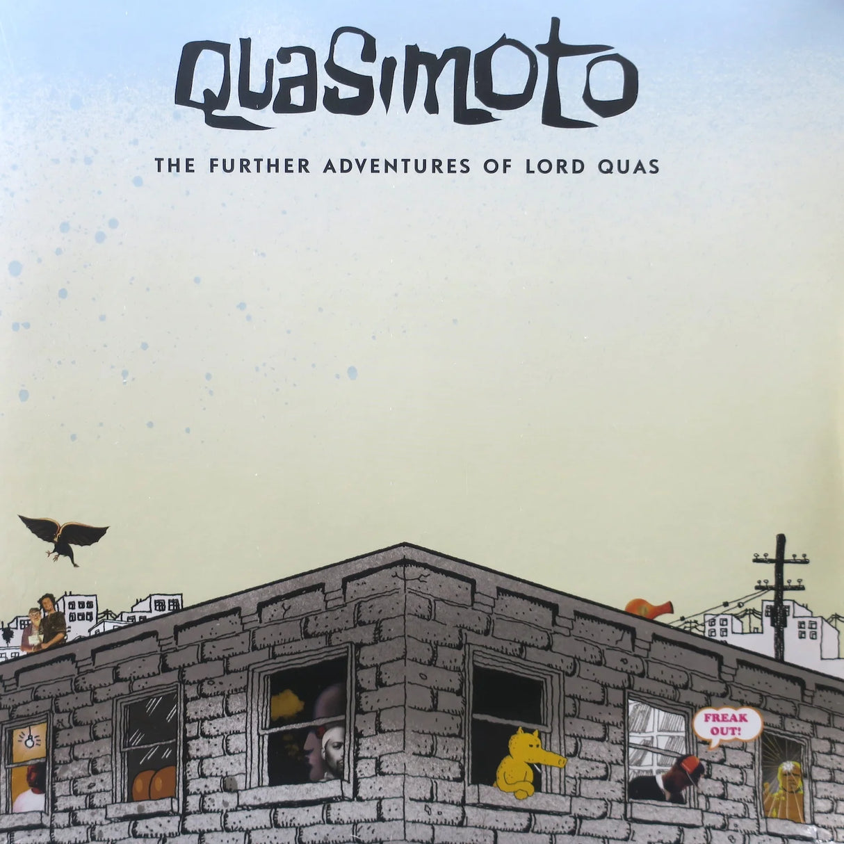 Album cover for 'The Further Adventures of Lord Quas' by Quasimodo with a building and people illustration.