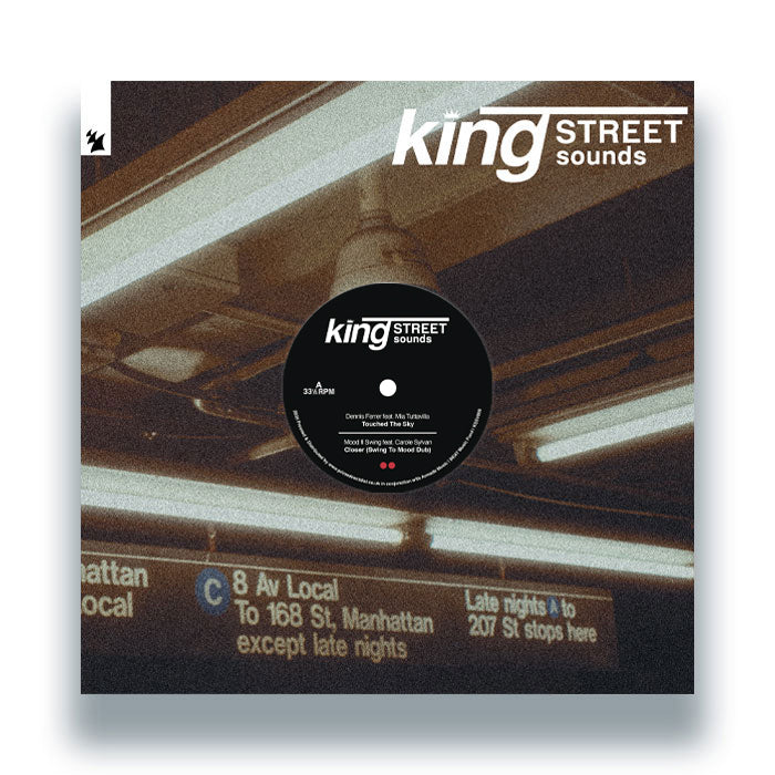 Vinyl record cover with 'king STREET sounds' branding and a subway sign in the background.