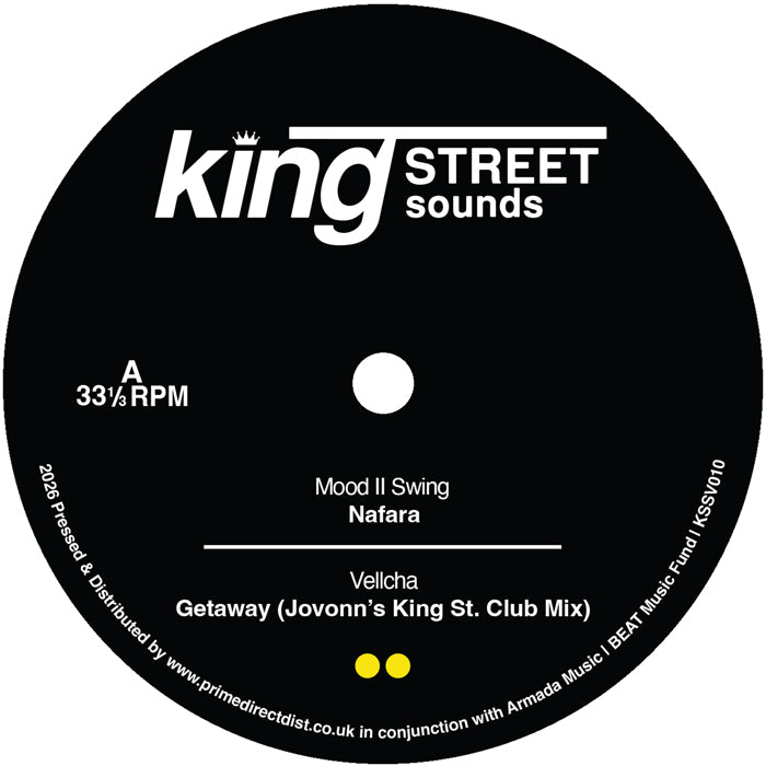 Black vinyl record label with 'king STREET sounds' branding and track information.