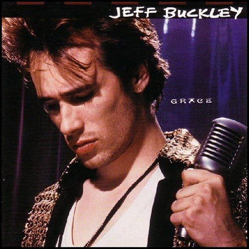 The image shows the album cover of 'Grace' by Jeff Buckley. He is depicted holding a microphone and staring to the side, dressed in a glamorous, eye-catching outfit.