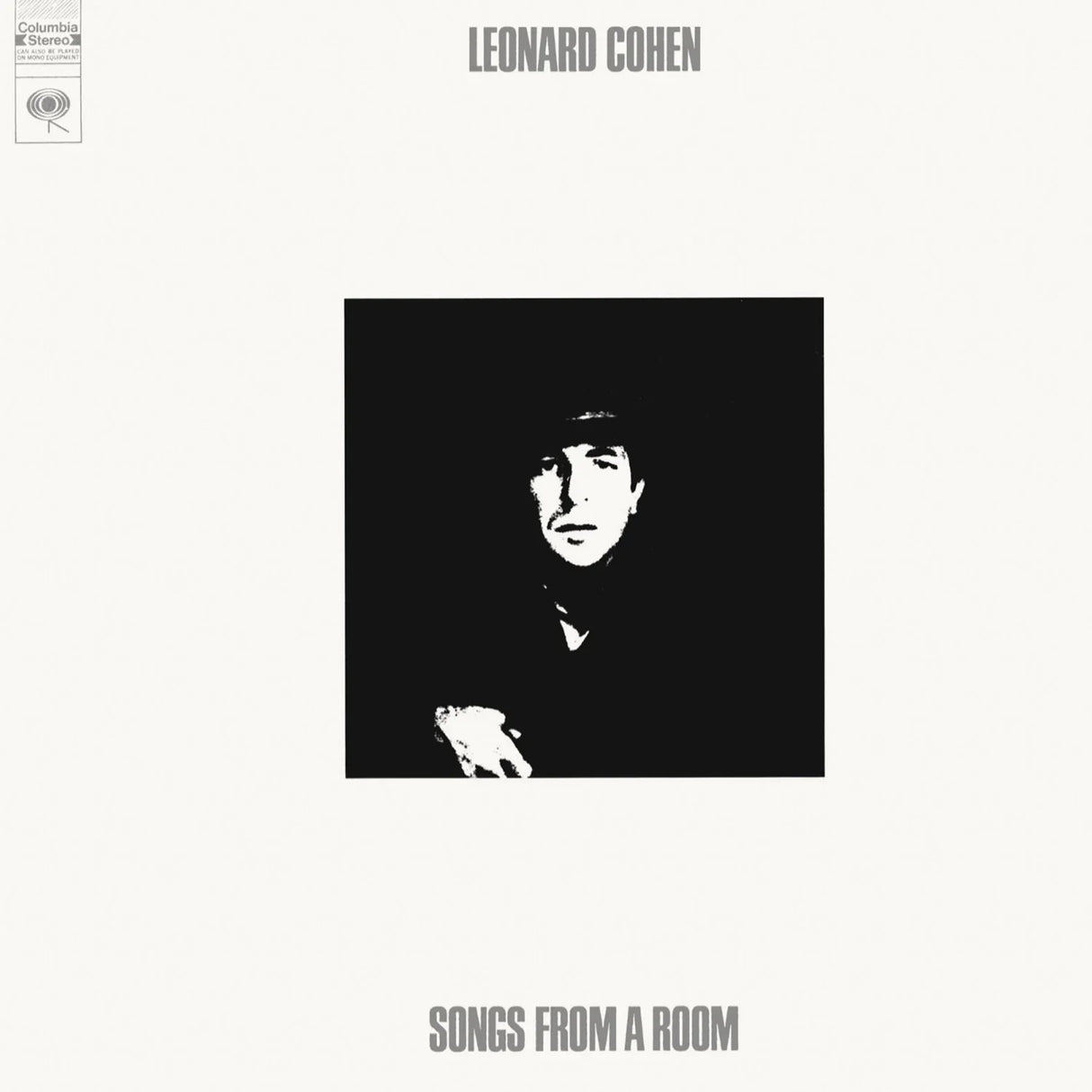Album cover of 'Songs from a Room' by Leonard Cohen with a black and white portrait.