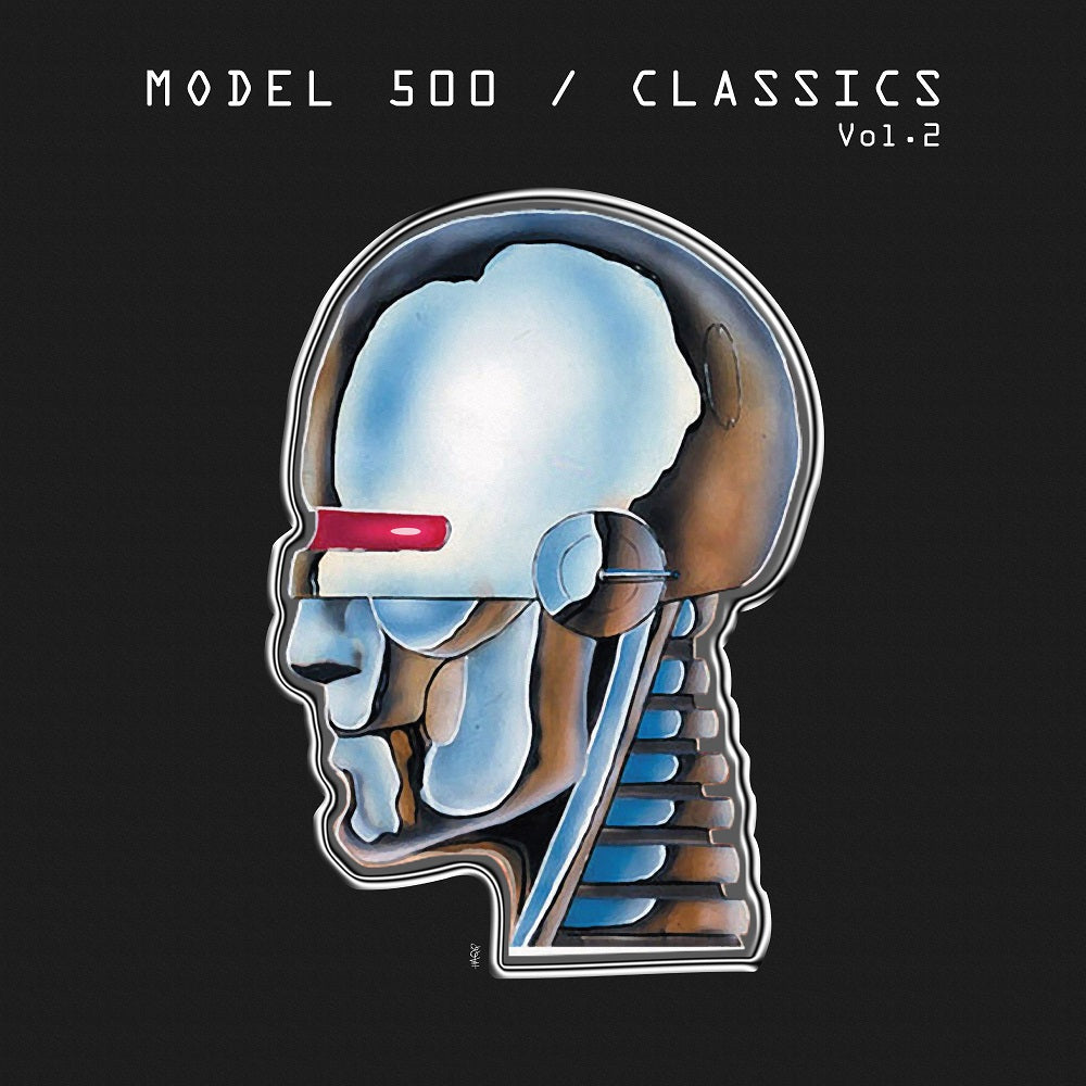 Album cover with a stylized head design and text 'Model 500 Classics Vol. 2' on a black background