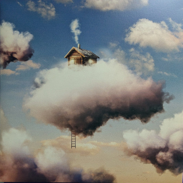 Wooden cabin on a cloud with a ladder, under a blue sky with clouds.