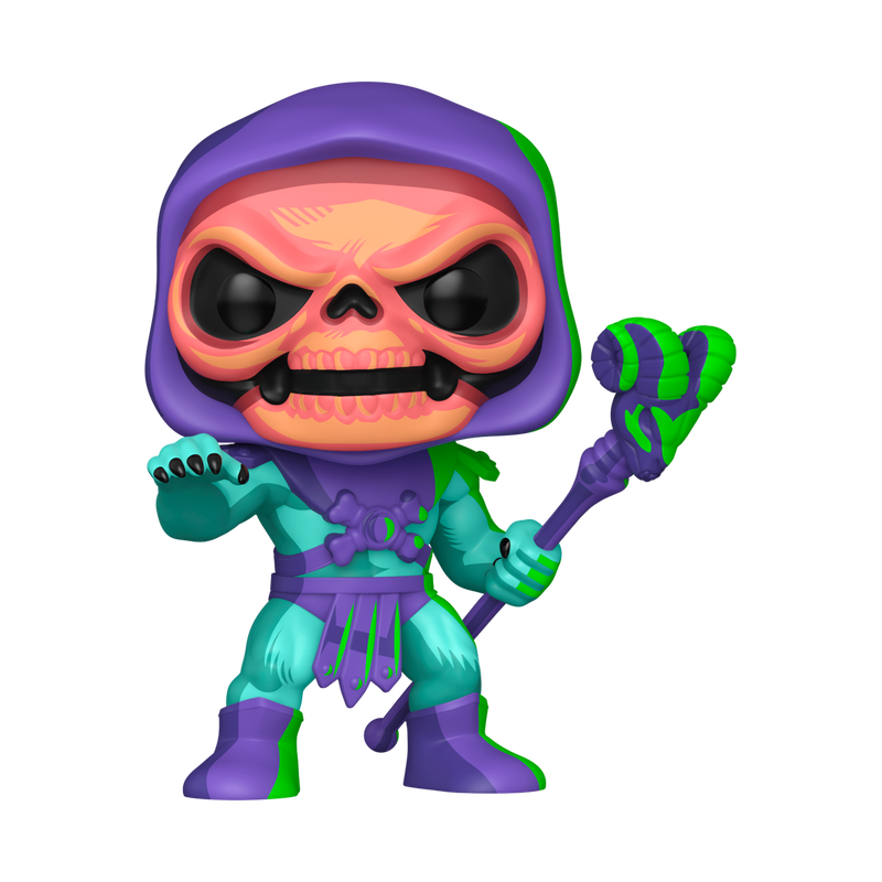 Colorful toy figure with a purple hood and green accents on a white background