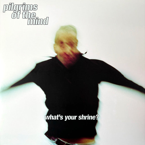 Album cover with a person in a black outfit against a white background, featuring text 'pilgrims of the mind' and 'what's your shrine?'.